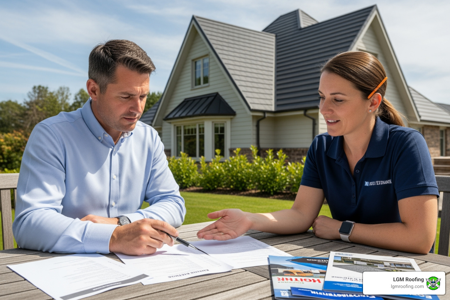 Image of a homeowner reviewing a detailed roofing estimate with a contractor - roof installation cost bloomfield Man and woman discussing roofing options at a table with documents, showcasing LGM Roofing's professional consultation services in a residential setting.