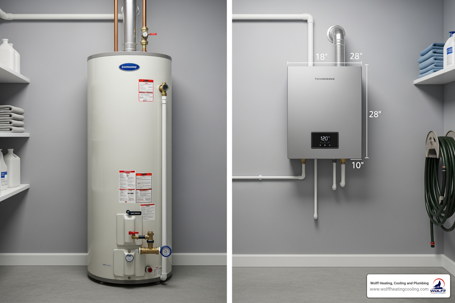 image comparing the size of a traditional tank heater to a compact tankless unit - tankless water heater installation albuquerque image comparing the size of a traditional tank heater to a compact tankless unit - tankless water heater installation albuquerque