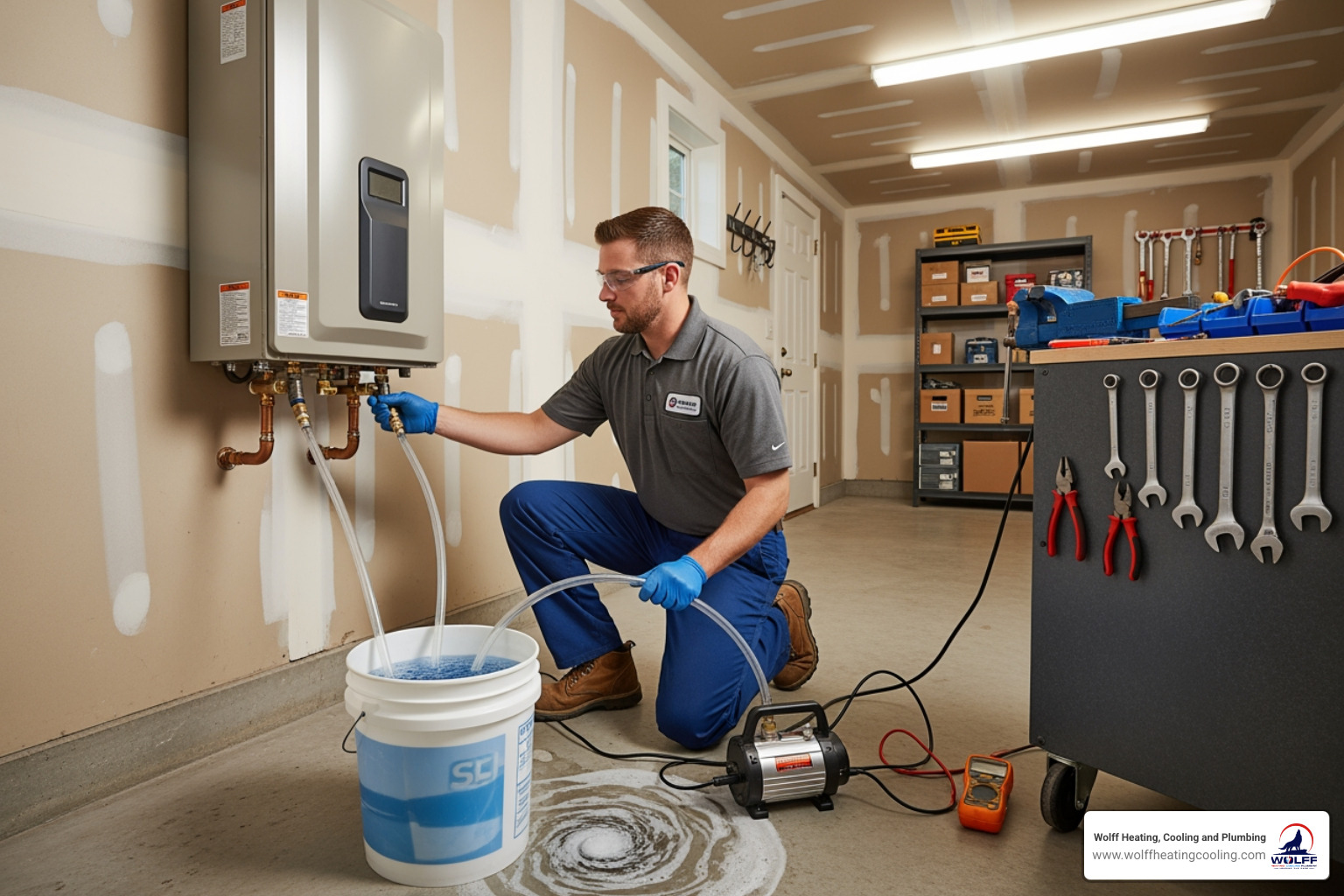 image of a technician performing a system flush on a tankless water heater - tankless water heater installation albuquerque image of a technician performing a system flush on a tankless water heater - tankless water heater installation albuquerque