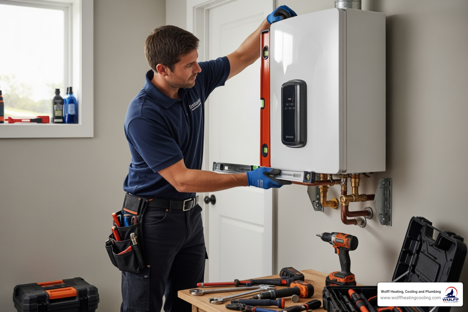 image of a certified technician carefully mounting a tankless water heater on a wall - tankless water heater installation albuquerque image of a certified technician carefully mounting a tankless water heater on a wall - tankless water heater installation albuquerque