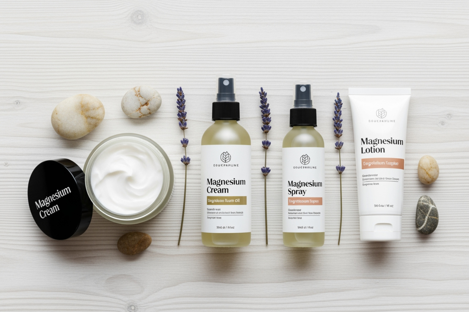 Different types of magnesium products (cream, oil, spray, lotion) - magnesium cream Different types of magnesium products (cream, oil, spray, lotion) - magnesium cream