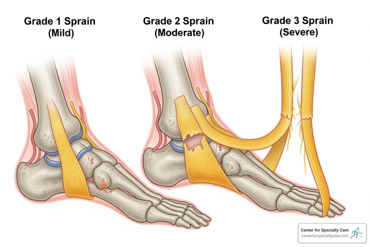 illustration of three grades of ankle sprains - ankle sprain recovery