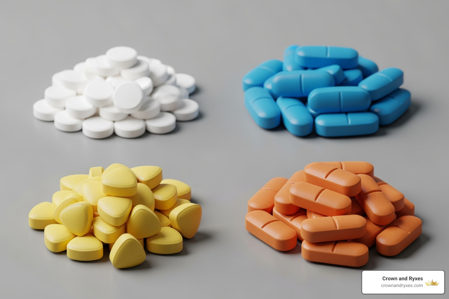 An image showing four distinct piles of pills, each a different color and shape, representing the four main oral ED medications. - best ED medication
