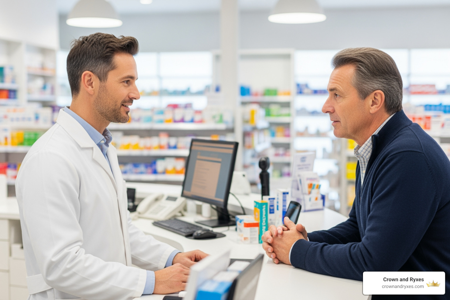 A graphic depicting a pharmacist in a lab coat, advising a male patient across a counter, emphasizing the importance of professional consultation when obtaining medication. - best ED medication