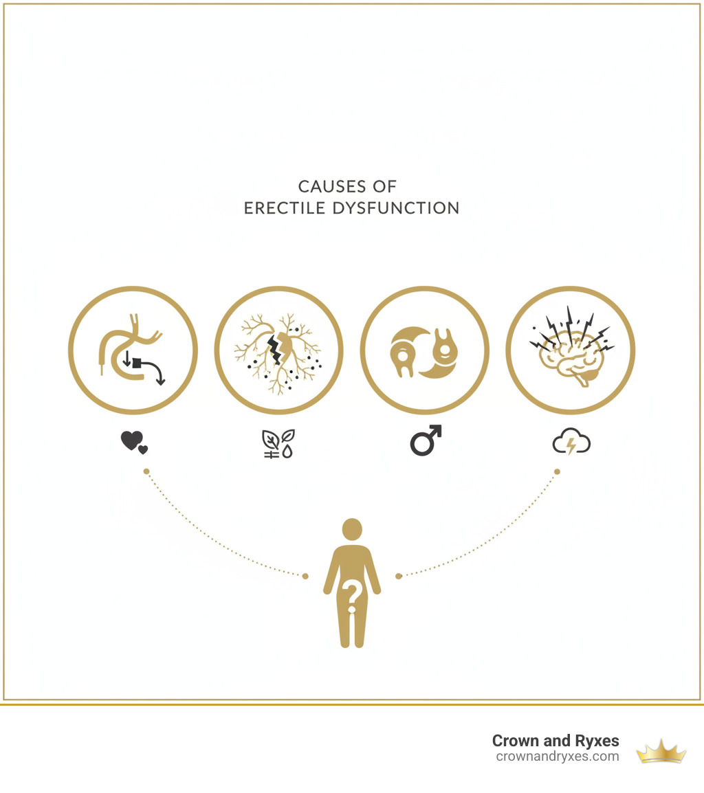 Infographic showing the four main causes of erectile dysfunction: vascular issues affecting blood flow, nerve damage from conditions like diabetes, hormonal imbalances including low testosterone, and psychological factors such as stress and anxiety - best ED medication infographic 