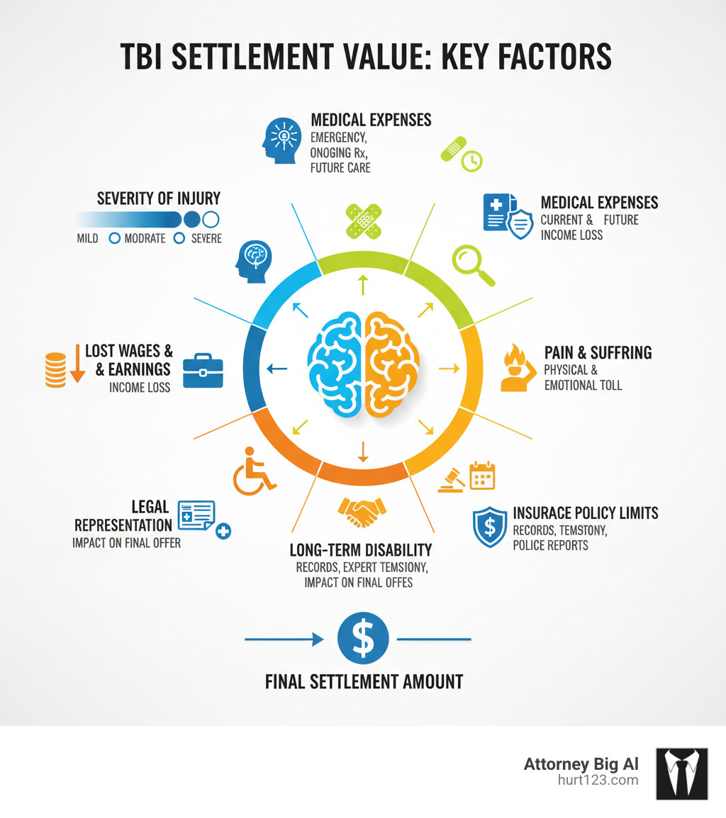 Infographic showing the factors that determine traumatic brain injury settlement value, including severity of injury (mild, moderate, severe), medical expenses (emergency care, ongoing treatment, future care needs), lost wages and earning capacity, pain and suffering, long-term disability requirements, insurance policy limits, quality of evidence (medical records, expert testimony, police reports), and the impact of legal representation on final settlement amounts - Traumatic brain injury settlement infographic 