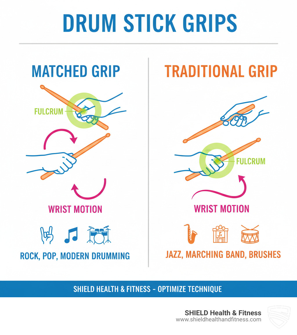 Infographic comparing matched grip with both hands holding sticks symmetrically palms down versus traditional grip with one hand underhand, showing fulcrum points, wrist motion, and common applications for each grip style - Drum stick grip infographic 
