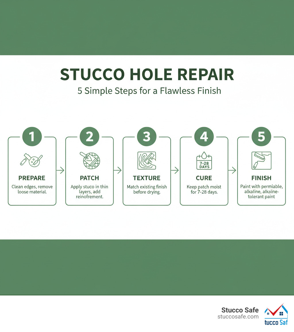 Step-by-step infographic showing five key stages of stucco hole repair: Stage 1 Prepare the damaged area by removing loose material and creating clean edges, Stage 2 Patch by applying stucco compound in thin layers with proper reinforcement for larger holes, Stage 3 Texture the surface to match the existing stucco finish before it fully dries, Stage 4 Cure by keeping the patch moist for 7 to 28 days depending on size, Stage 5 Finish by painting with permeable alkaline-tolerant paint to match the color - how to fix a hole in stucco infographic Step-by-step infographic showing five key stages of stucco hole repair: Stage 1 Prepare the damaged area by removing loose material and creating clean edges, Stage 2 Patch by applying stucco compound in thin layers with proper reinforcement for larger holes, Stage 3 Texture the surface to match the existing stucco finish before it fully dries, Stage 4 Cure by keeping the patch moist for 7 to 28 days depending on size, Stage 5 Finish by painting with permeable alkaline-tolerant paint to match the color - how to fix a hole in stucco infographic