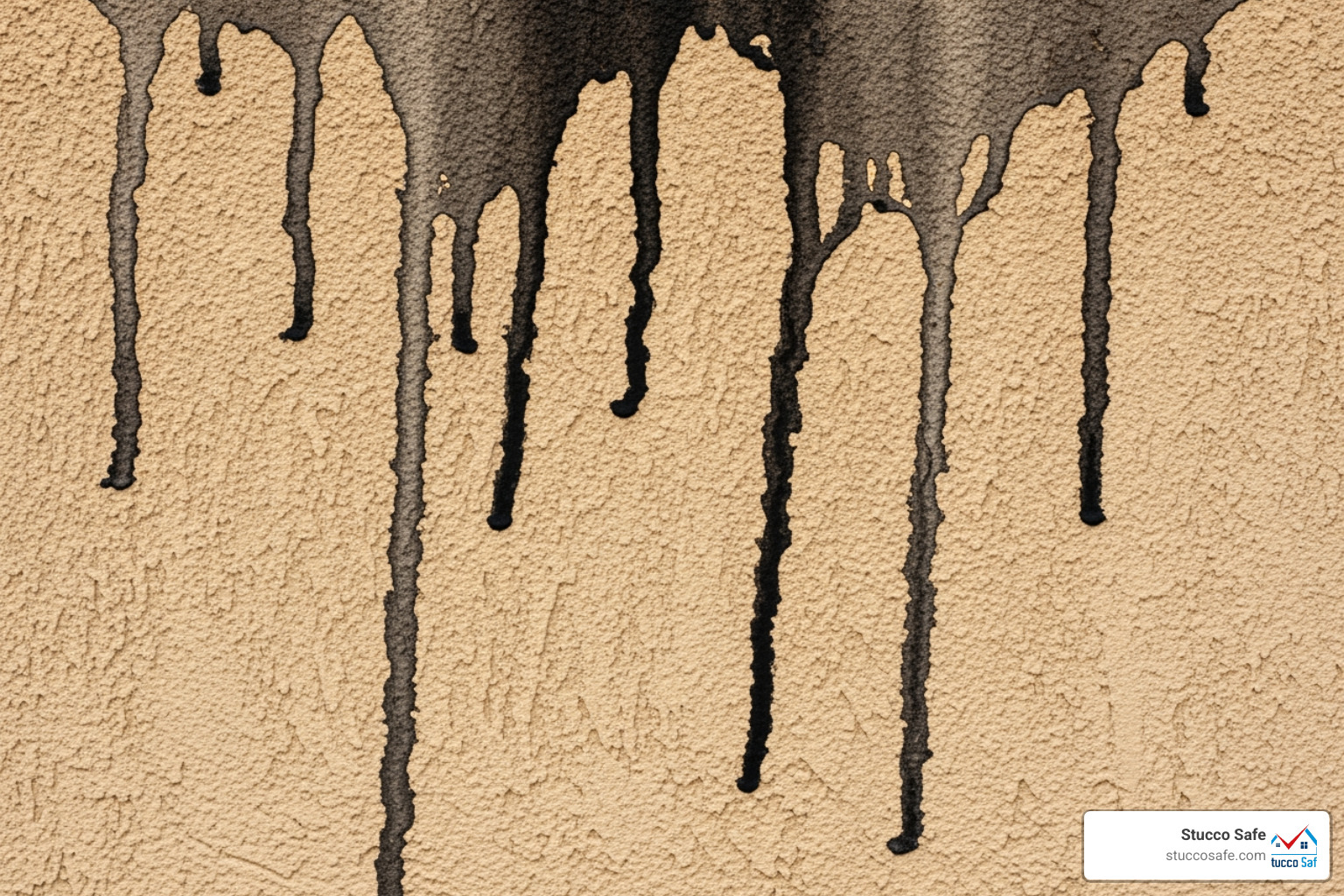 An image depicting dark, prominent water stains trailing down a stucco wall, clearly indicating a significant and ongoing moisture problem that requires professional assessment beyond a simple patch repair. - how to fix a hole in stucco An image depicting dark, prominent water stains trailing down a stucco wall, clearly indicating a significant and ongoing moisture problem that requires professional assessment beyond a simple patch repair. - how to fix a hole in stucco