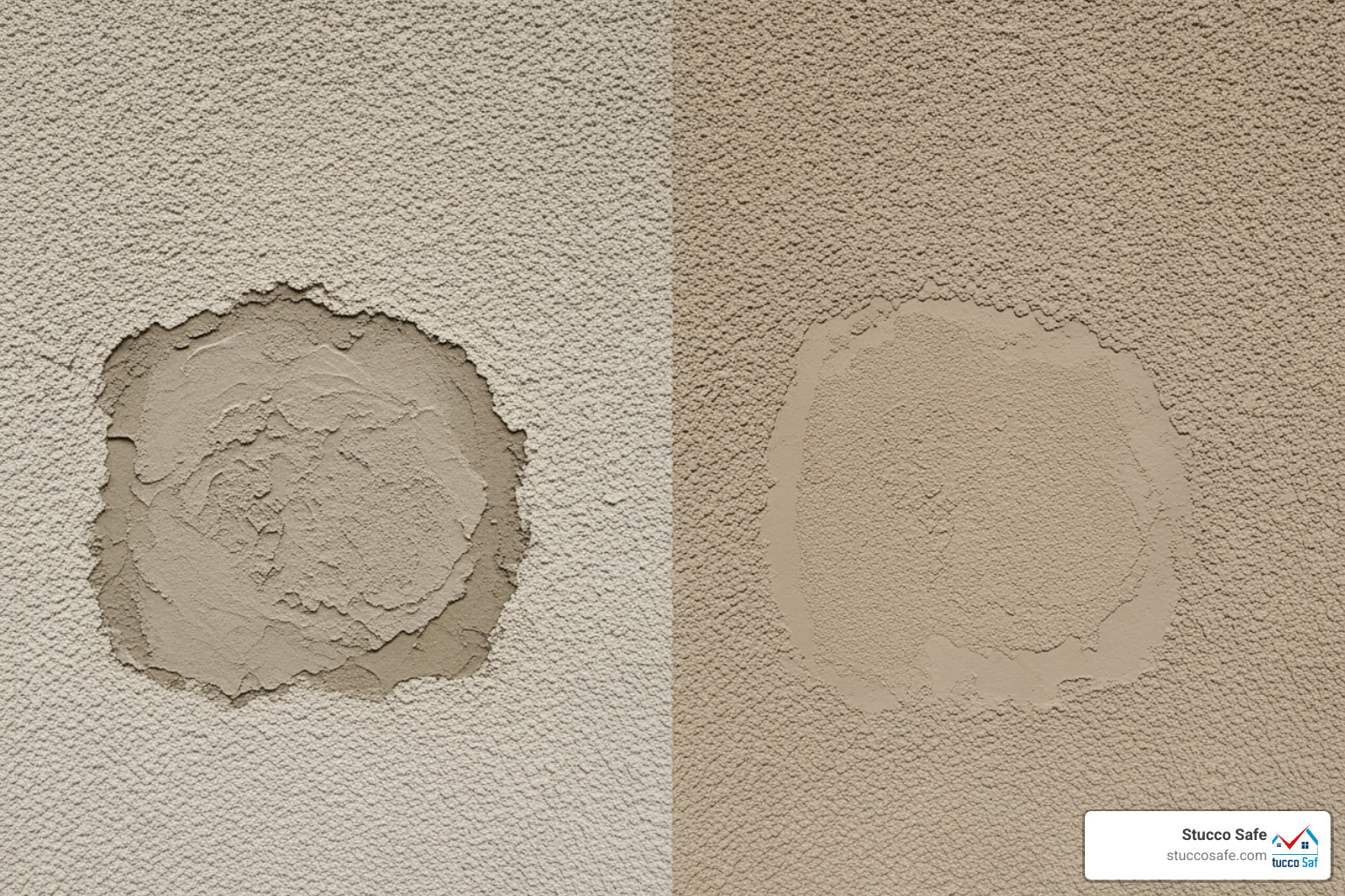 An image contrasting two sections of a stucco wall repair. The left side shows a poorly matched patch with a noticeably different texture and color, standing out from the surrounding wall. The right side displays a well-matched repair, where the texture and color seamlessly blend with the original stucco, making the repair almost invisible. - how to fix a hole in stucco An image contrasting two sections of a stucco wall repair. The left side shows a poorly matched patch with a noticeably different texture and color, standing out from the surrounding wall. The right side displays a well-matched repair, where the texture and color seamlessly blend with the original stucco, making the repair almost invisible. - how to fix a hole in stucco