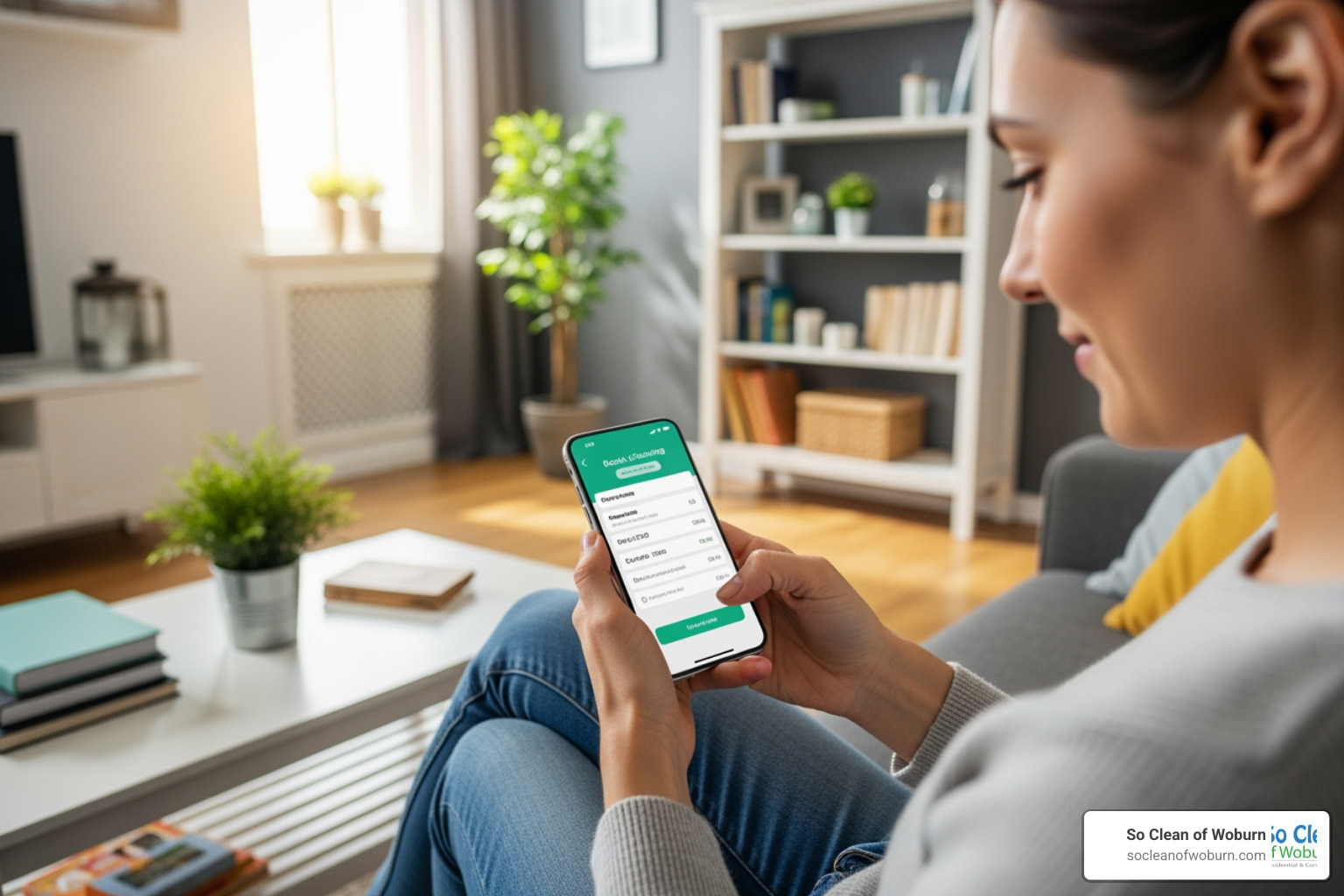 person booking cleaning on smartphone - housekeeping services boston