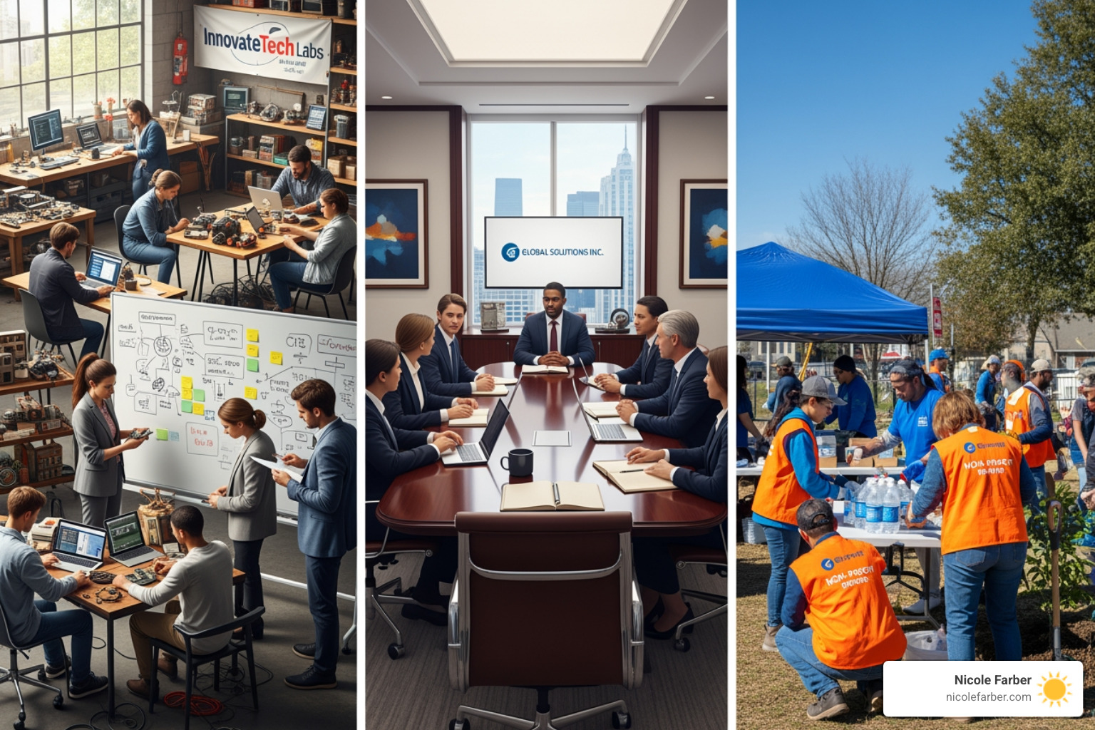 Image of a collage showing different work environments: a startup garage, a corporate boardroom, and a non-profit field operation - entrepreneurial mindset development