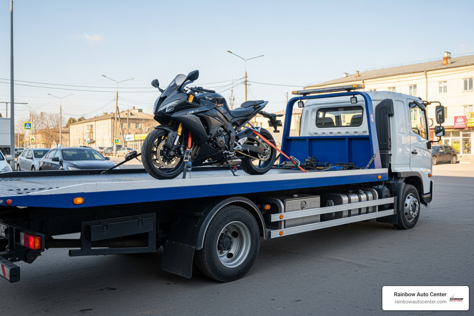 flatbed tow truck carrying a motorcycle - Towing company Hayward
