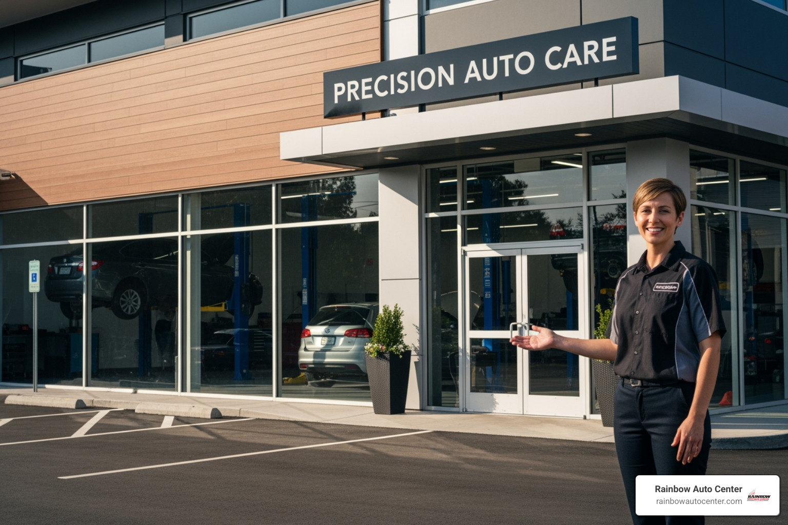 Rainbow Auto Center shopfront with a friendly team member - Towing company Hayward