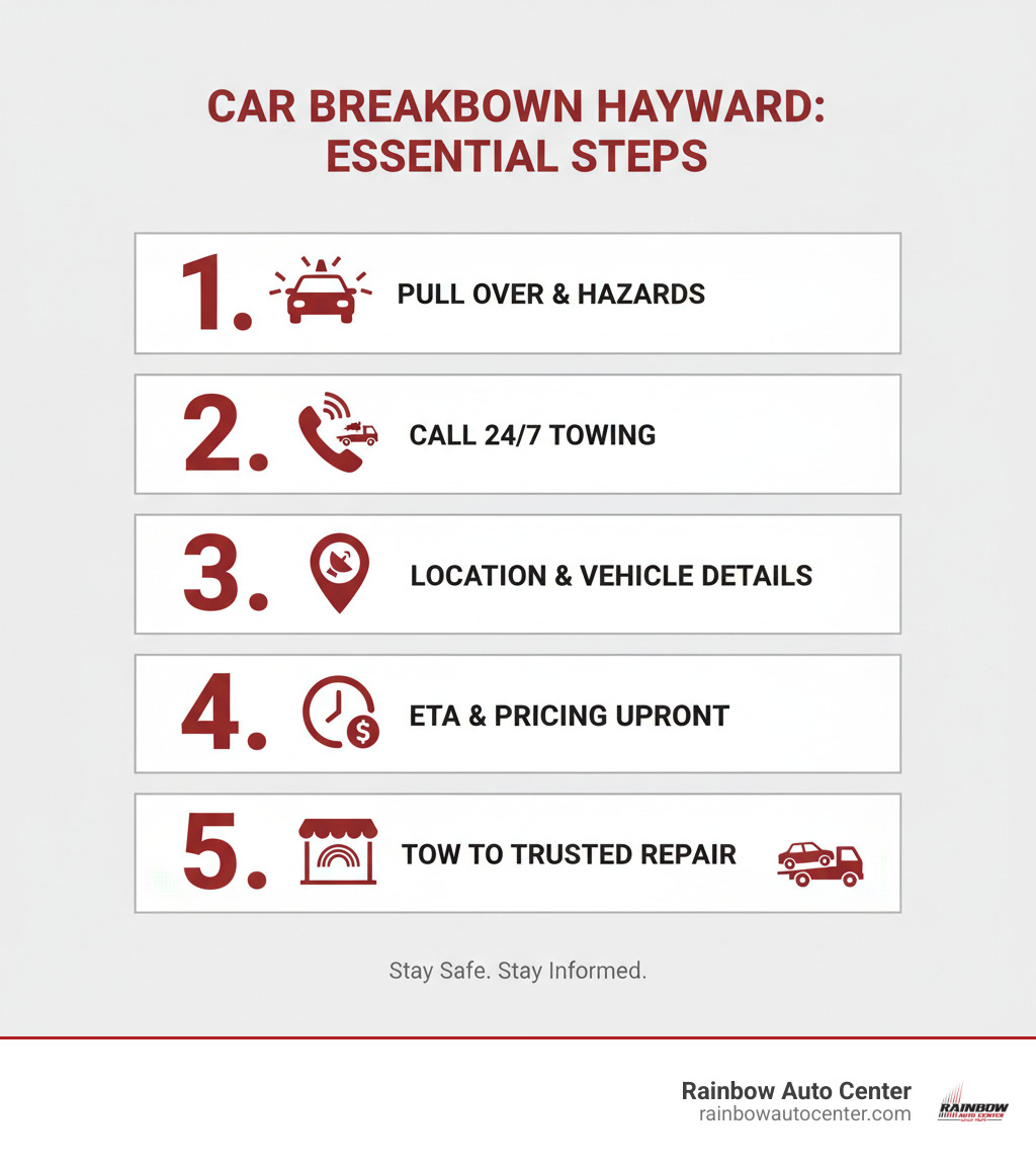 Infographic showing the essential steps when your car breaks down in Hayward: 1. Pull over safely and turn on hazard lights, 2. Call a licensed towing company with 24/7 service, 3. Provide your exact location and vehicle details, 4. Ask for estimated arrival time and pricing upfront, 5. Have your vehicle towed to a trusted repair facility like Rainbow Auto Center - Towing company Hayward infographic 