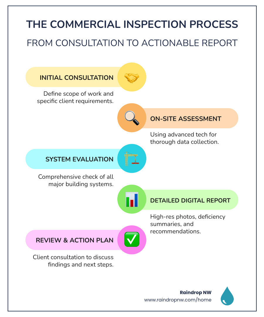 Infographic showing the commercial inspection process: Initial Consultation and Scope Definition, On-Site Assessment Using Advanced Technology, Comprehensive System Evaluation, Detailed Digital Report with Photos, Client Review and Recommendations Meeting, Action Plan for Repairs or Maintenance - commercial estimates and inspections service in fairview or infographic infographic-line-5-steps-colors