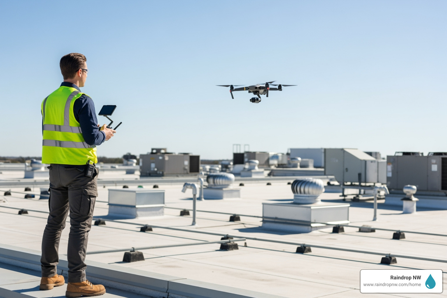 inspector on commercial roof with drone - commercial estimates and inspections service in fairview or