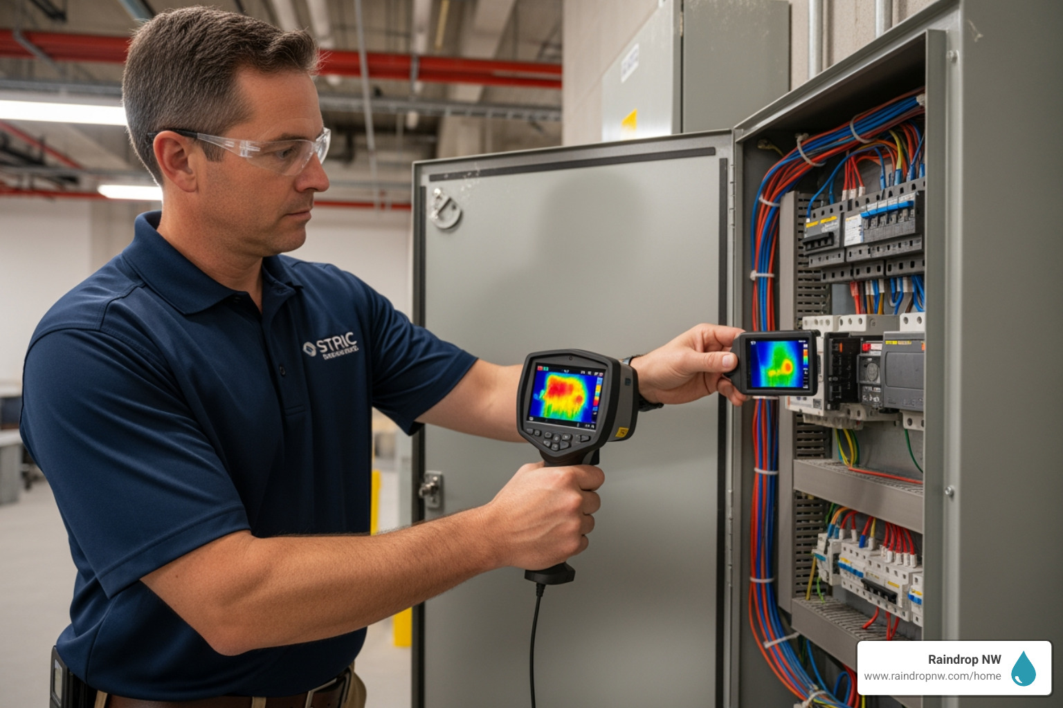 inspector using thermal camera on electrical panel - commercial estimates and inspections service in fairview or