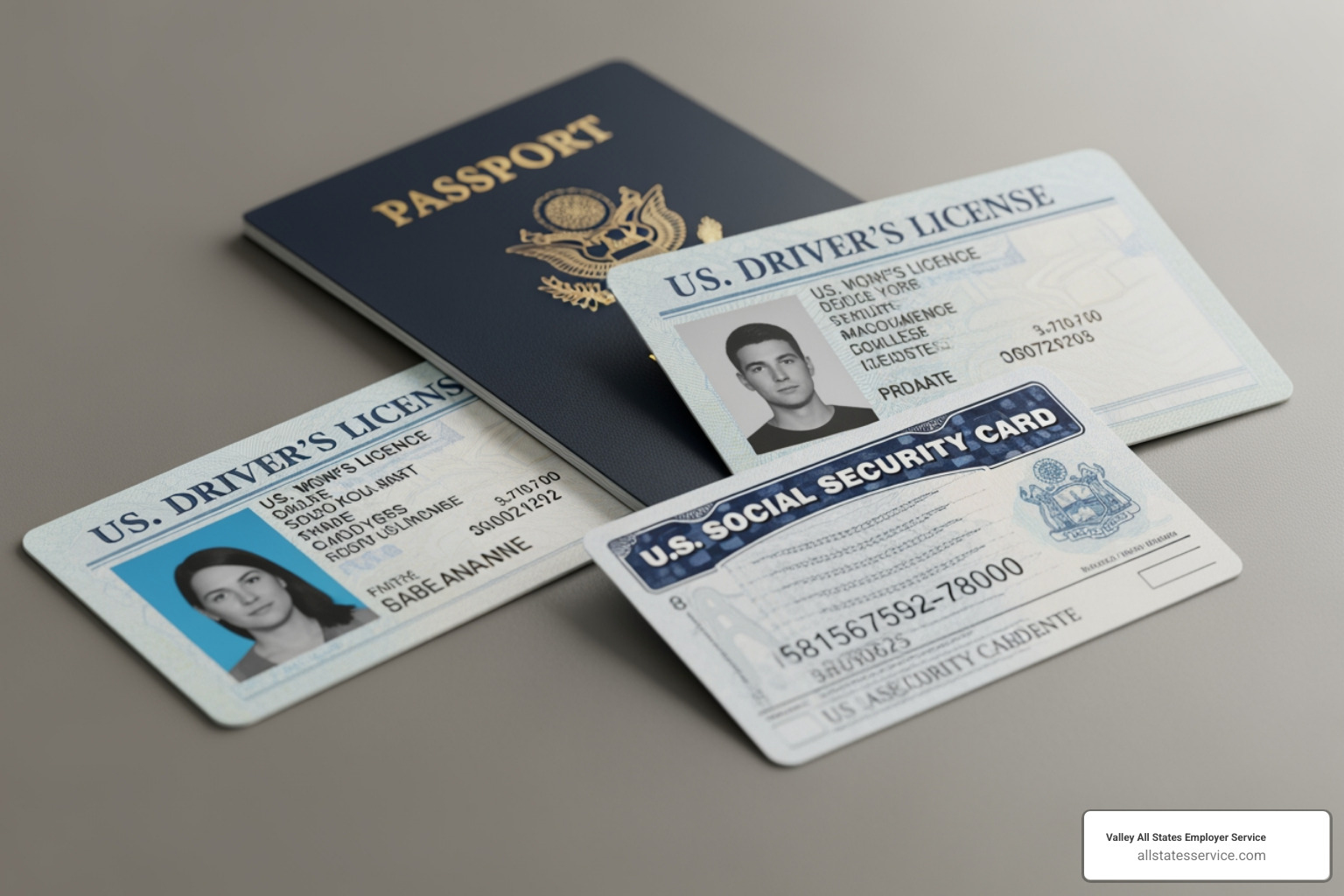 Image showing examples of List A (US Passport), List B (Driver's License), and List C (Social Security Card) documents - what is i 9 form needed for