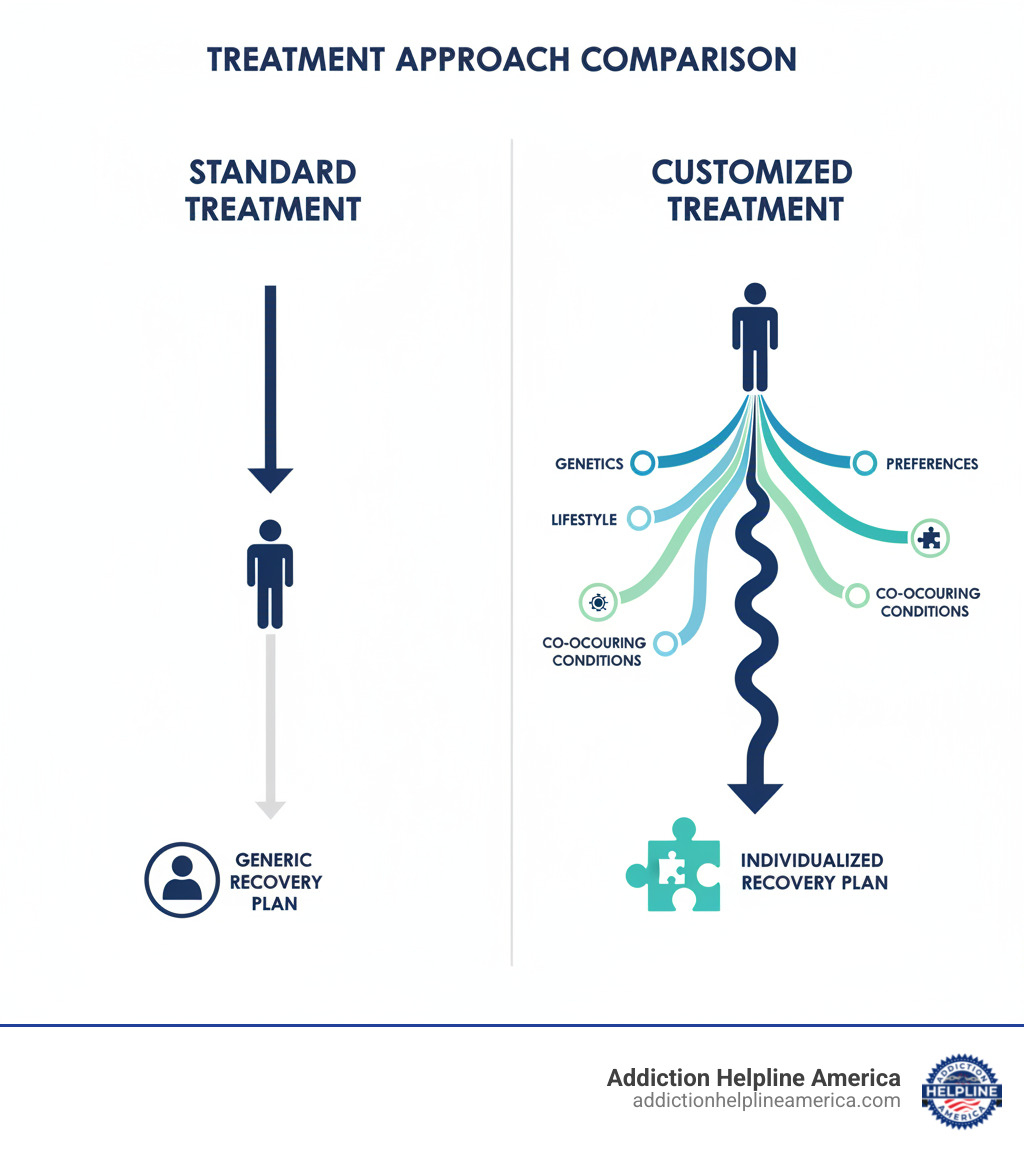 infographic showing comparison between standard treatment approach on left with single pathway and customized treatment approach on right with multiple pathways based on genetics, lifestyle, preferences, co-occurring conditions, and personal history all leading to individualized recovery plan - customized treatment plans infographic infographic showing comparison between standard treatment approach on left with single pathway and customized treatment approach on right with multiple pathways based on genetics, lifestyle, preferences, co-occurring conditions, and personal history all leading to individualized recovery plan - customized treatment plans infographic