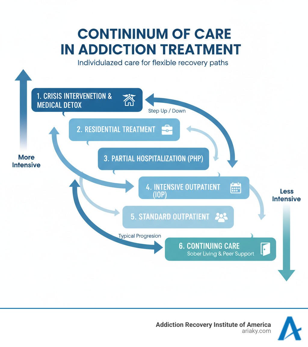 Infographic showing the continuum of care in addiction treatment, from initial crisis intervention and medical detox through residential treatment, partial hospitalization, intensive outpatient, standard outpatient, and continuing care including sober living and peer support groups, with arrows indicating the typical progression and ability to step up or down in care intensity based on individual needs - Drug and alcohol treatment infographic Infographic showing the continuum of care in addiction treatment, from initial crisis intervention and medical detox through residential treatment, partial hospitalization, intensive outpatient, standard outpatient, and continuing care including sober living and peer support groups, with arrows indicating the typical progression and ability to step up or down in care intensity based on individual needs - Drug and alcohol treatment infographic