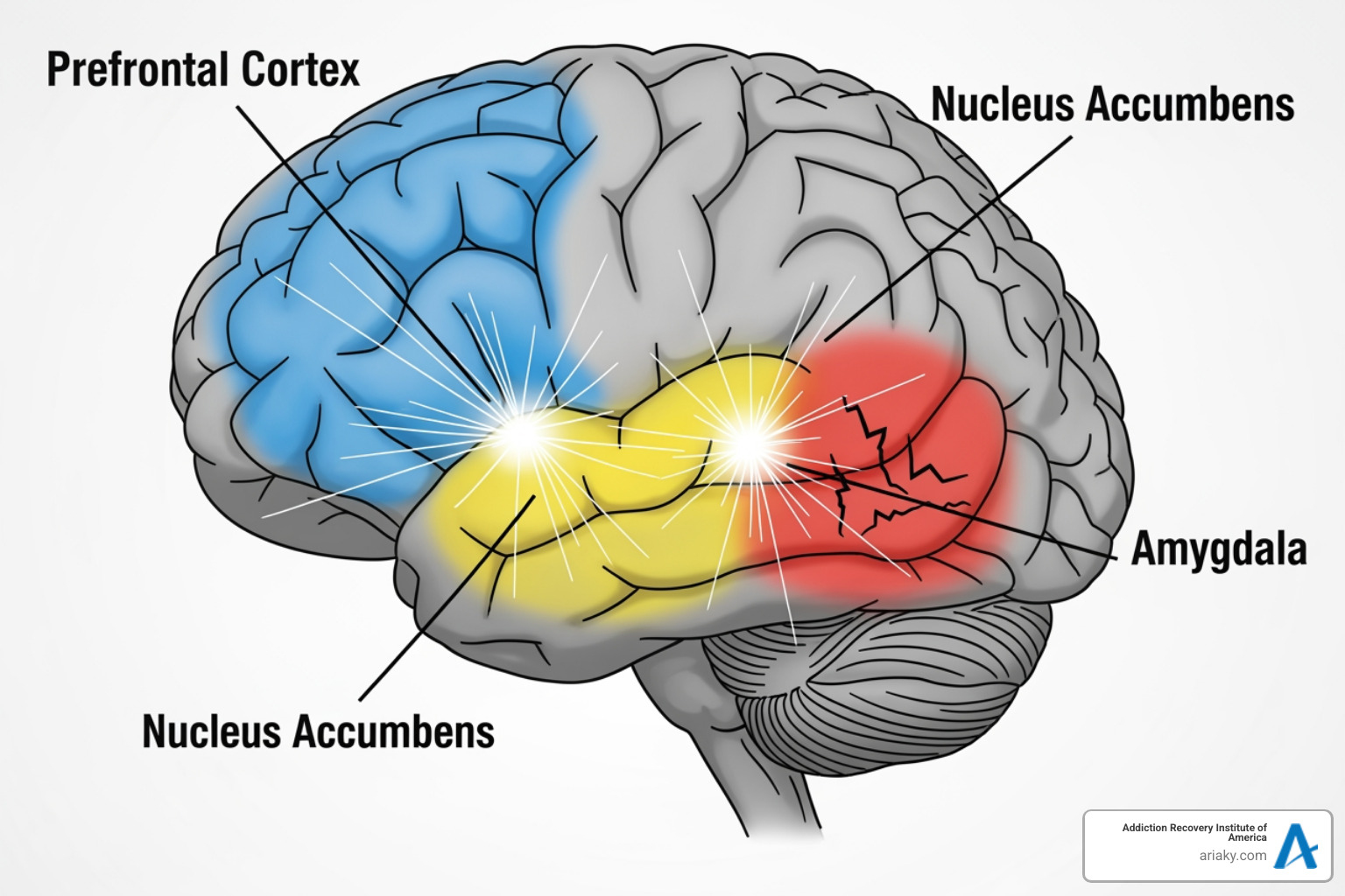 Illustration of the brain showing areas affected by substance use, such as the prefrontal cortex (decision-making), nucleus accumbens (reward), and amygdala (emotion) - Drug and alcohol treatment Illustration of the brain showing areas affected by substance use, such as the prefrontal cortex (decision-making), nucleus accumbens (reward), and amygdala (emotion) - Drug and alcohol treatment