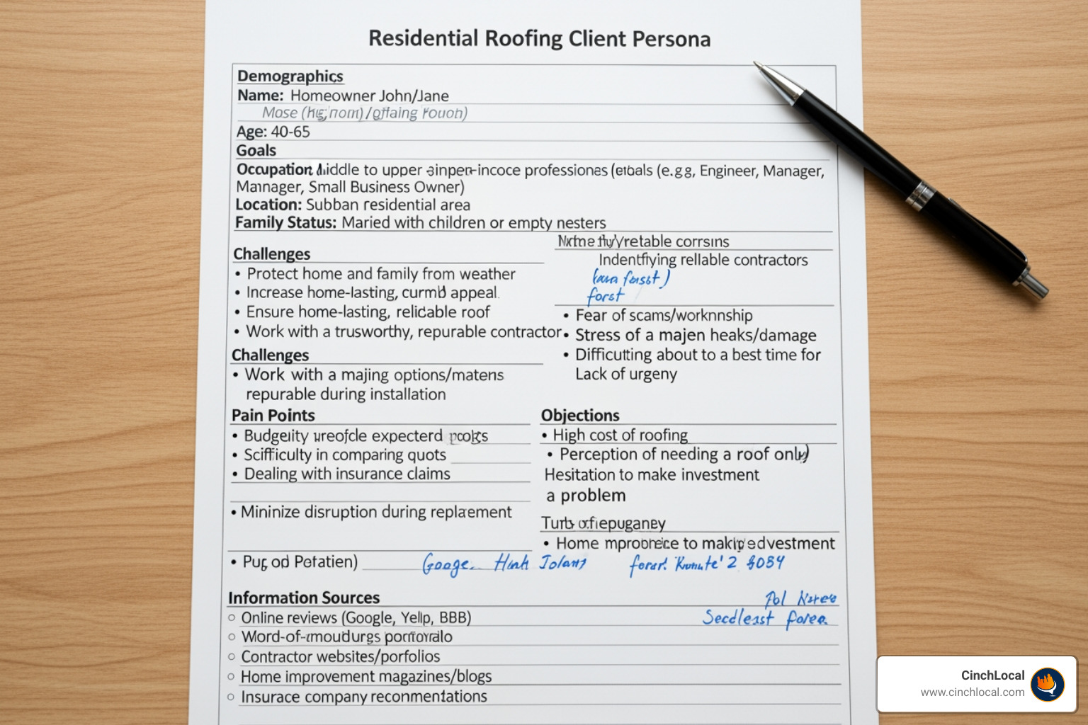 customer persona worksheet filled out for a typical residential roofing client - search engine optimization lead generation