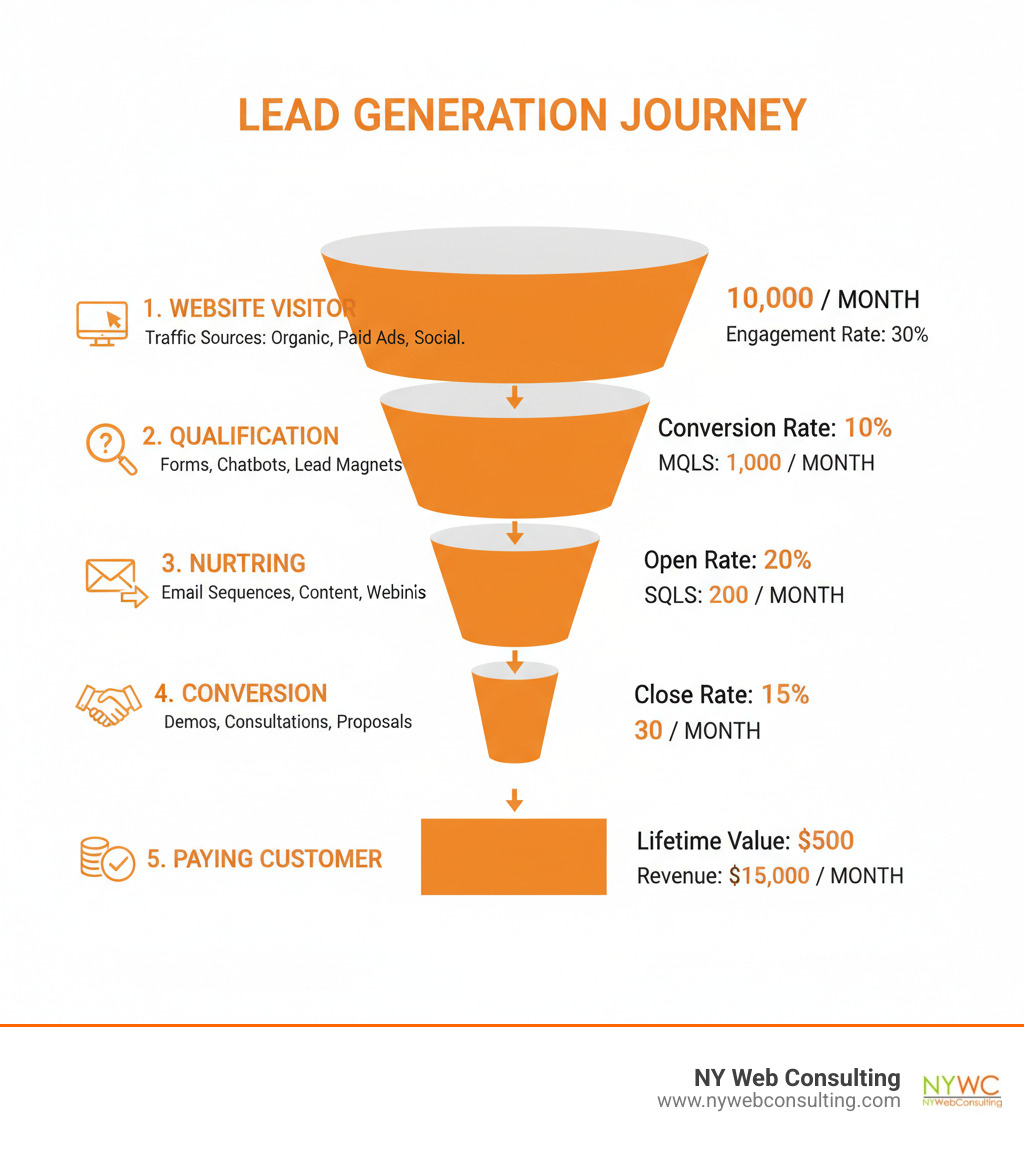infographic showing the complete lead generation process from initial website visitor through qualification, nurturing, and conversion to paying customer, with key metrics at each stage - top lead generation sites infographic 