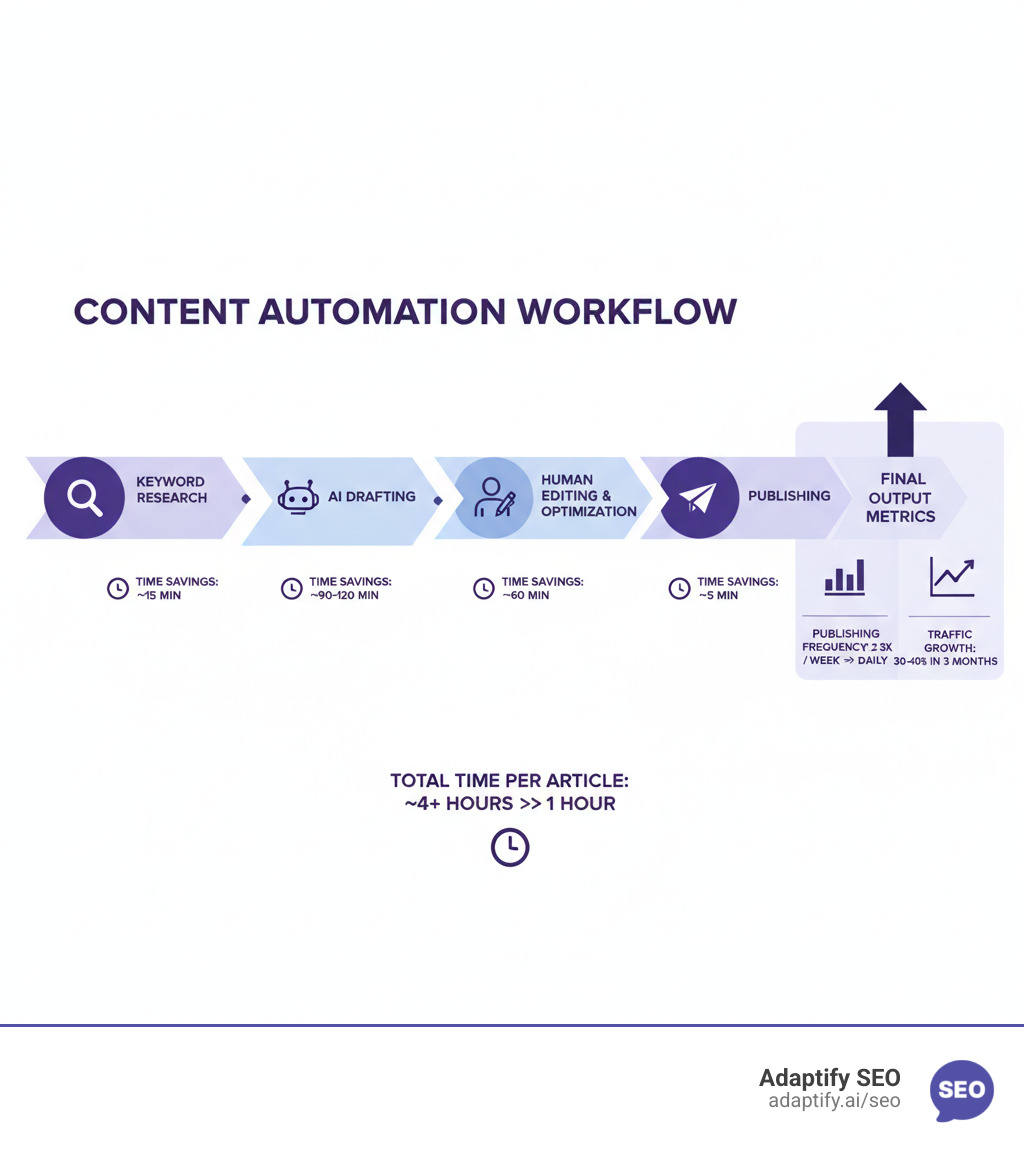infographic showing the content automation workflow from keyword research through AI drafting to human editing and publishing, with time savings at each stage and final output metrics including publishing frequency and traffic growth - Automate blog content infographic