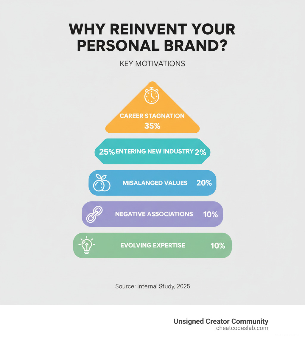 Infographic showing the key motivations for personal brand reinvention: career stagnation at 35%, entering new industry at 25%, misaligned values at 20%, negative associations at 10%, and evolving expertise at 10% - reinventing your personal brand infographic 