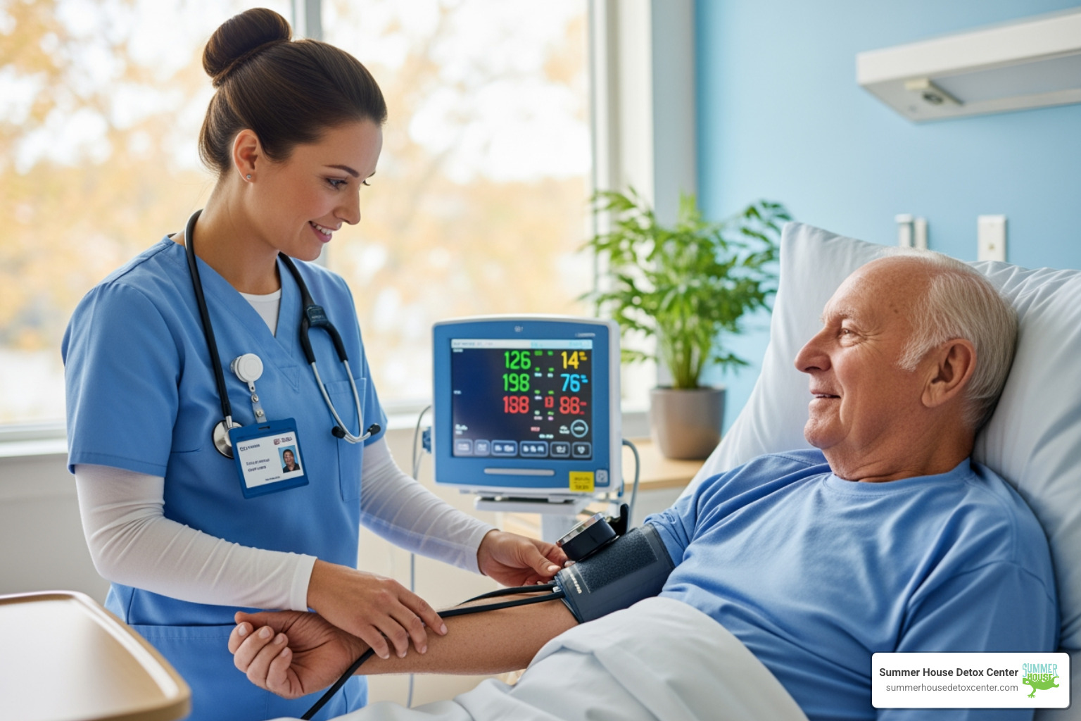 A nurse compassionately monitoring a patient's vital signs in a serene medical setting. - medically supervised withdrawal A nurse compassionately monitoring a patient's vital signs in a serene medical setting. - medically supervised withdrawal