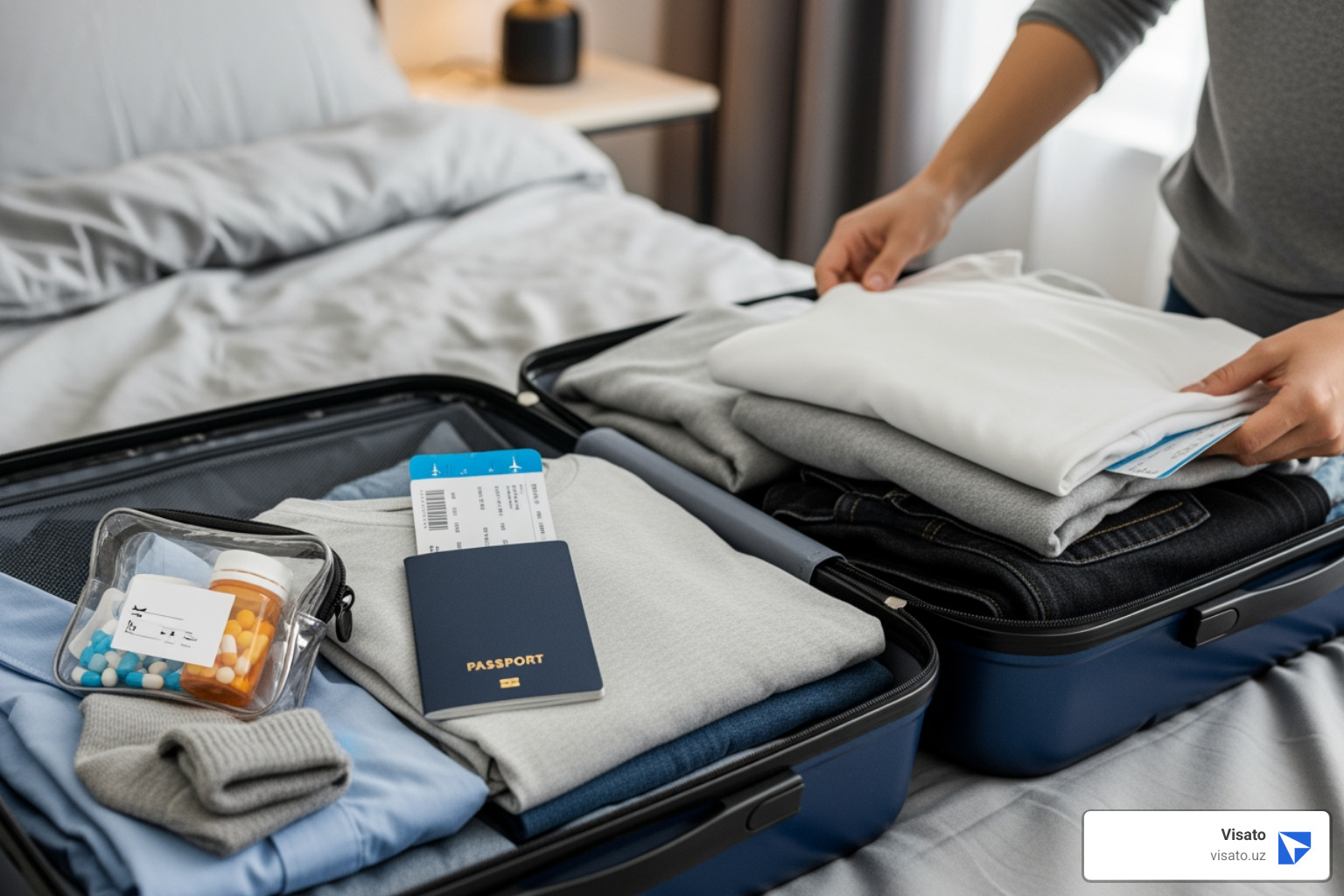 A person packing a suitcase with travel documents and medicine - uzbekistan medical visa