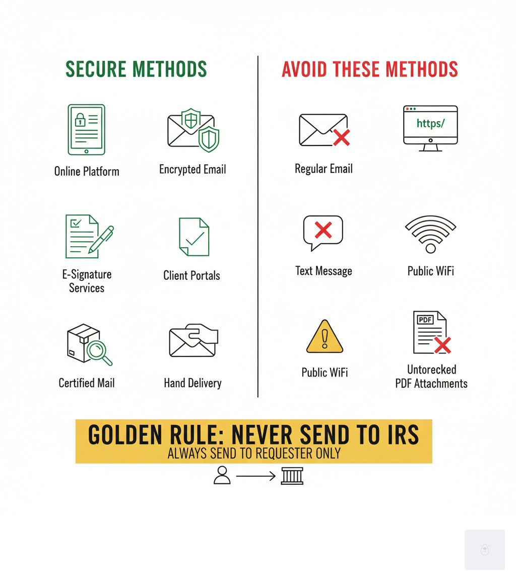 Detailed infographic showing secure vs insecure W-9 submission methods. Left side labeled 'Secure Methods' in green shows: Fillable W9 online platform with lock icon, encrypted email with password protection, secure client portals with https symbol, e-signature services with verified checkmark, hand delivery in sealed envelope, certified mail with tracking. Right side labeled 'Avoid These Methods' in red shows: regular email with X mark, text message with X mark, public WiFi with warning symbol, unprotected PDF attachments with X mark. Bottom shows golden rule in large text: 'Never send to IRS - Always send to requester only' with arrow pointing from you to business/client icon. - How to submit W9 infographic 