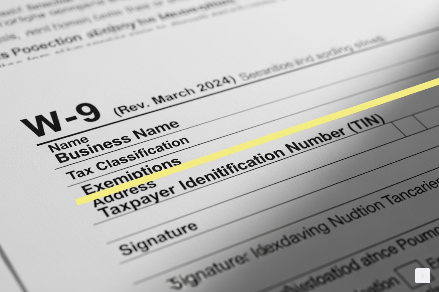 W-9 Form (Rev. March 2024) with highlighted sections for Name, Business Name, Tax Classification, Exemptions, Address, TIN, and Signature. - How to submit W9