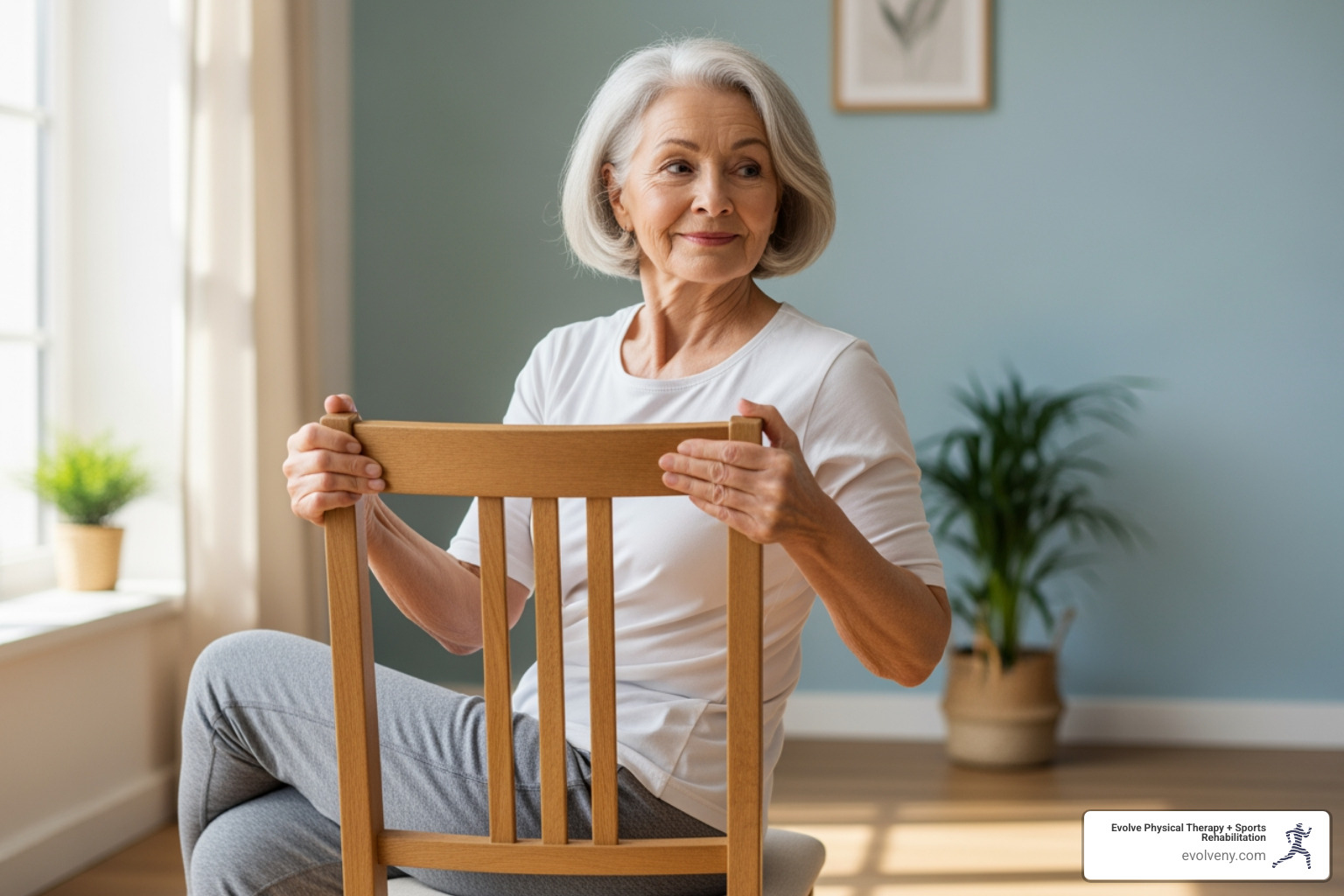 senior doing a Seated Spinal Twist using a sturdy support - gentle yoga for seniors