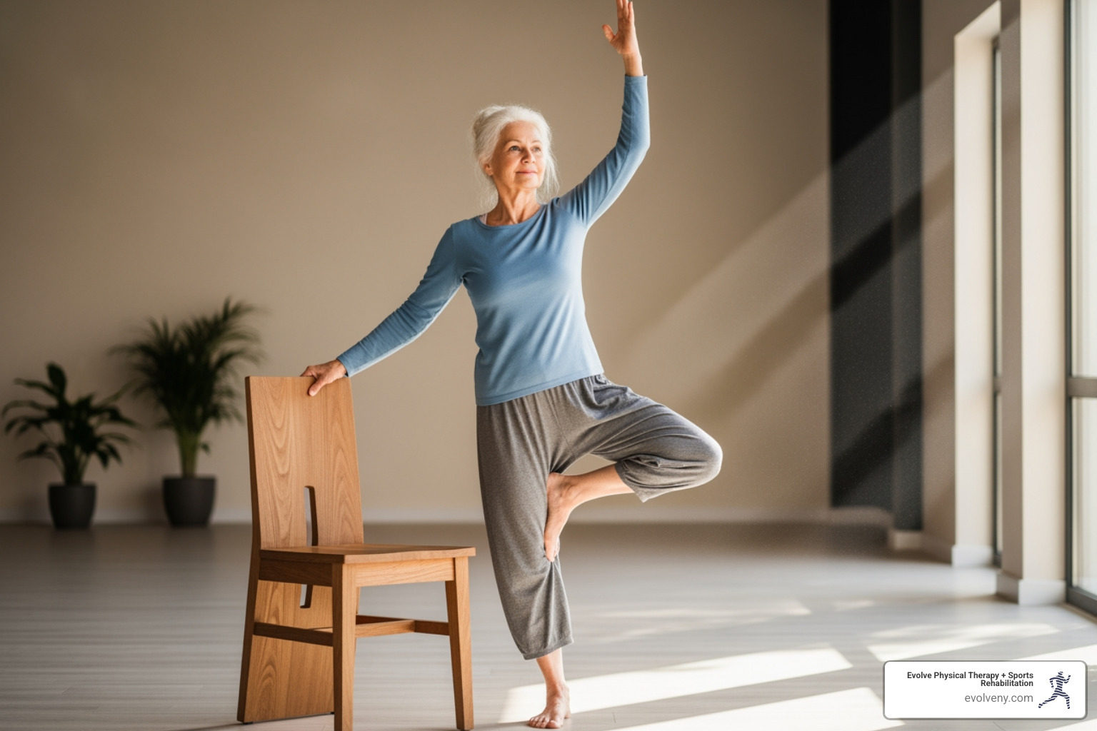 senior doing a modified Tree Pose using a sturdy support for balance - gentle yoga for seniors