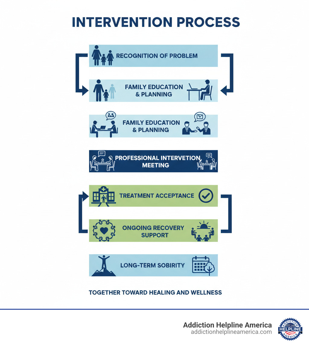 Infographic showing the intervention process: Recognition of Problem → Family Education & Planning → Professional Intervention Meeting → Treatment Acceptance → Ongoing Recovery Support → Long-term Sobriety. Each step includes icons showing family members, professionals, treatment facilities, and support groups working together toward recovery. - drug intervention services infographic 
