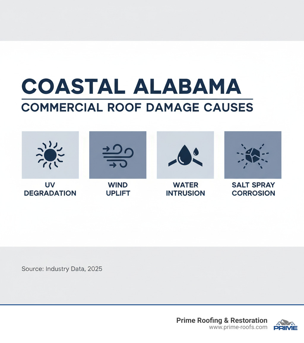 Infographic illustrating the leading causes of commercial roof damage in coastal Alabama: UV degradation, wind uplift, water intrusion, and salt spray corrosion. - commercial roof repair gulf shores al infographic 