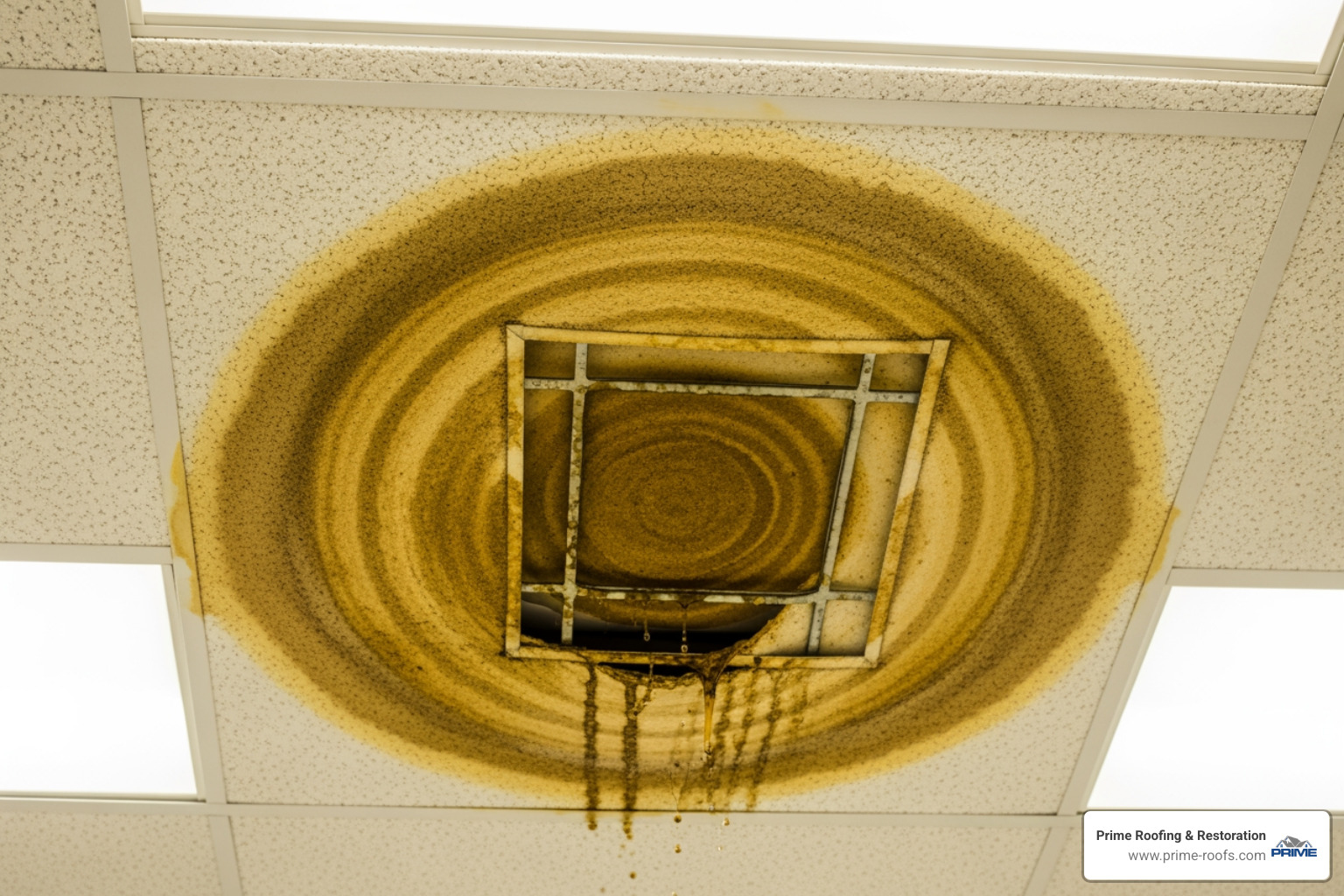 A water stain on a commercial ceiling, indicating a roof leak. - commercial roof repair gulf shores al