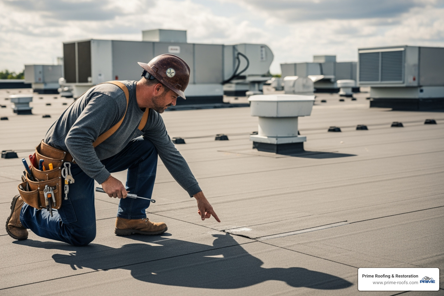 A professional roofer conducting a detailed inspection on a flat commercial roof, pointing out an area of concern. - commercial roof repair gulf shores al