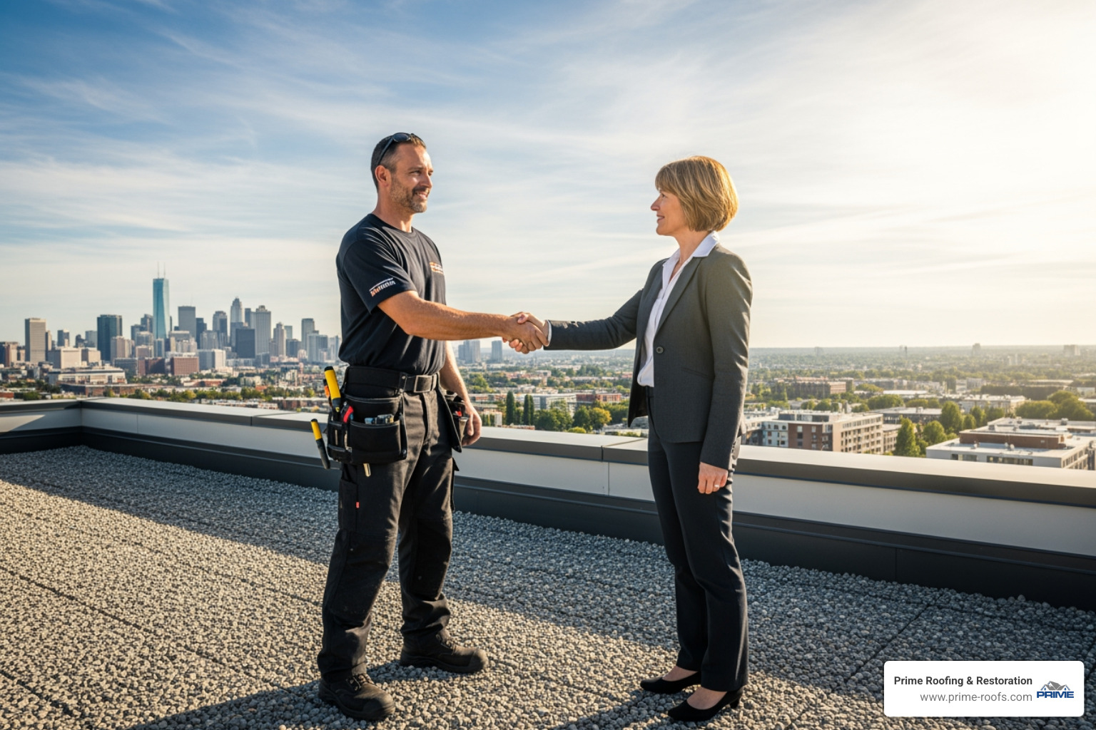 A commercial roofing contractor shaking hands with a business owner on a rooftop, symbolizing trust and agreement. - commercial roof repair gulf shores al