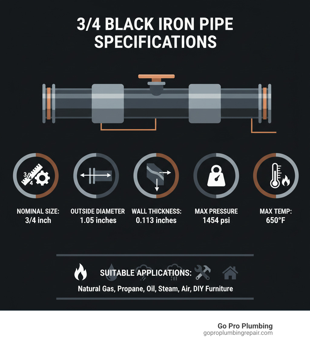 Infographic showing 3/4 black iron pipe specifications: nominal size 3/4 inch, actual outside diameter 1.05 inches, wall thickness 0.113 inches, weight 11.35 lbs per 10 feet, maximum pressure 1454 psi, maximum temperature 650°F, suitable applications include natural gas, propane, oil, steam, air, and DIY furniture - 3/4 black iron pipe infographic 
