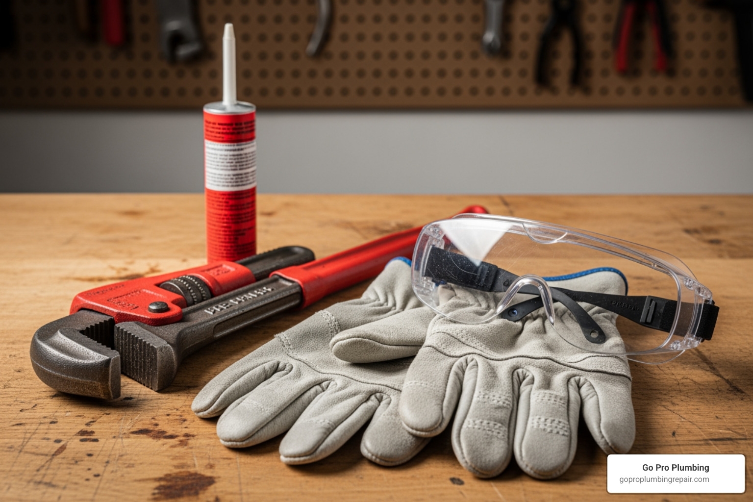 safety gear (gloves, goggles) next to a pipe wrench and thread sealant - 3/4 black iron pipe