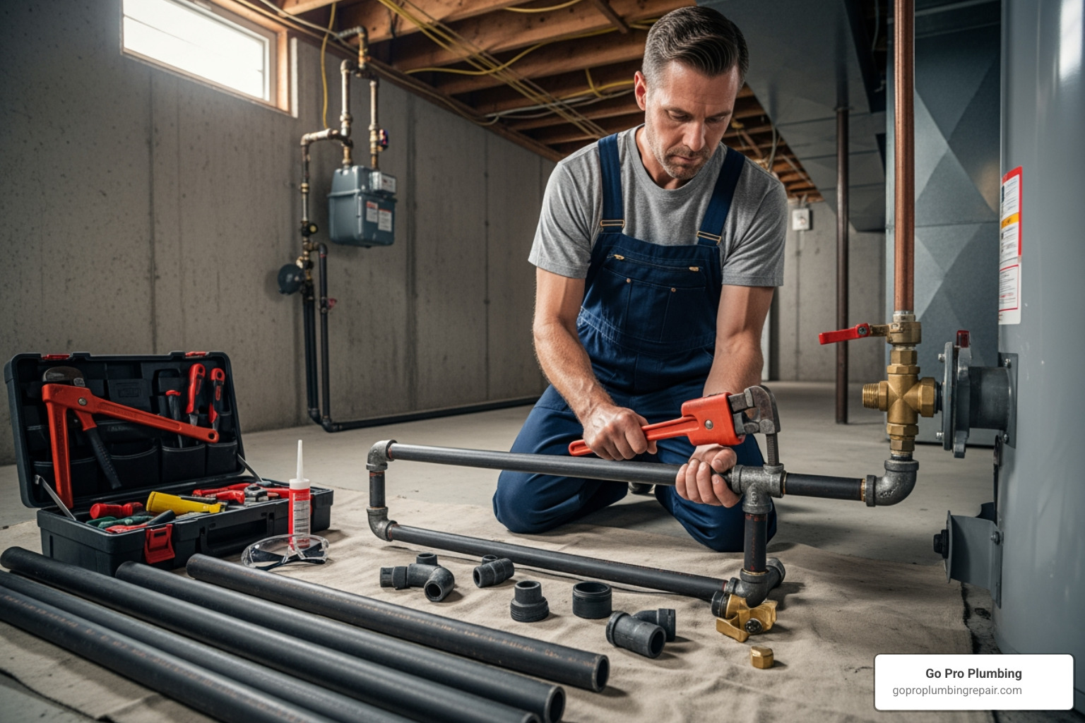 professional plumber installing a gas line with black iron pipe - 3/4 black iron pipe