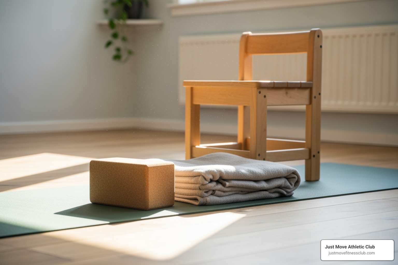 yoga props like a block, blanket, and a sturdy chair - yoga for aged beginners