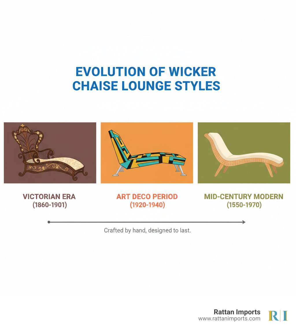 Infographic showing the evolution of wicker chaise lounge styles: Victorian era (1860-1901) featuring ornate scrollwork and high backs with decorative elements; Art Deco period (1920-1940) displaying geometric patterns and streamlined forms with bold painted finishes; Mid-Century Modern (1950-1970) showcasing organic shapes, natural rattan finishes, and minimalist low-profile designs with simple cushions - antique wicker chaise lounge infographic Infographic showing the evolution of wicker chaise lounge styles: Victorian era (1860-1901) featuring ornate scrollwork and high backs with decorative elements; Art Deco period (1920-1940) displaying geometric patterns and streamlined forms with bold painted finishes; Mid-Century Modern (1950-1970) showcasing organic shapes, natural rattan finishes, and minimalist low-profile designs with simple cushions - antique wicker chaise lounge infographic