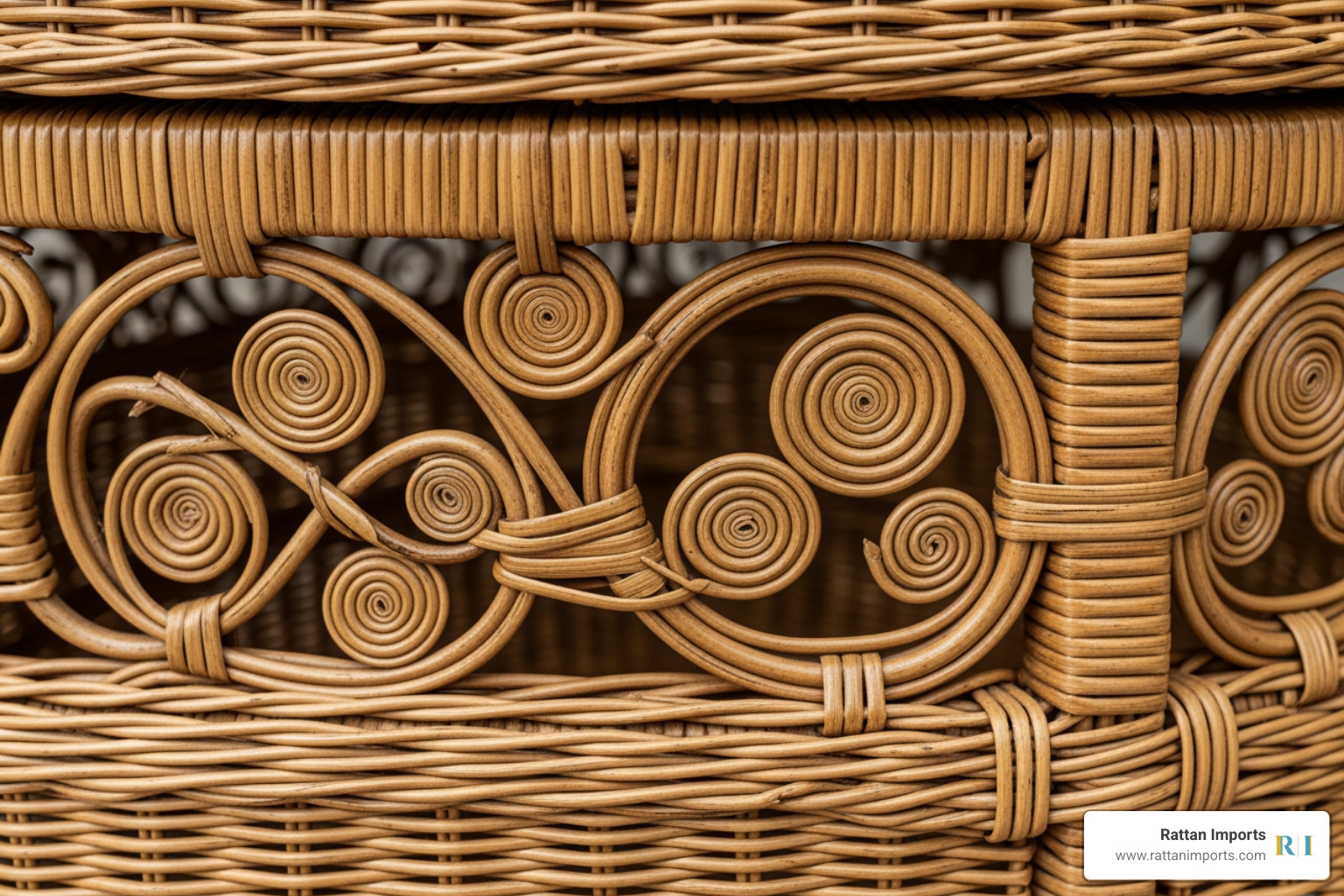 Intricate hand-woven details and curlicues of a Victorian-era wicker piece - antique wicker chaise lounge Intricate hand-woven details and curlicues of a Victorian-era wicker piece - antique wicker chaise lounge