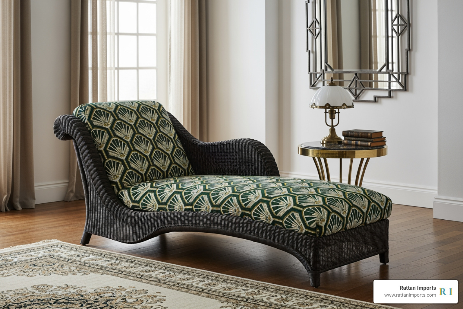 Stylish Art Deco wicker chaise lounge with geometric-patterned upholstery - antique wicker chaise lounge Stylish Art Deco wicker chaise lounge with geometric-patterned upholstery - antique wicker chaise lounge