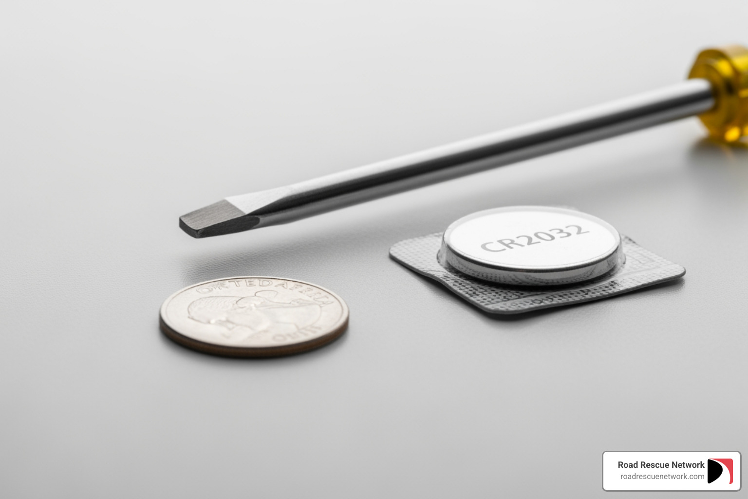 Necessary tools for changing a Toyota key fob battery: flat-head screwdriver, coin, and a CR2032 battery pack - change battery in toyota key fob