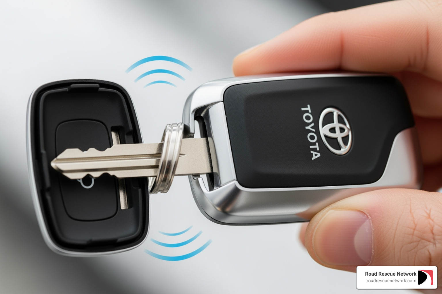 How to open a newer Toyota key fob using the physical key blade - change battery in toyota key fob